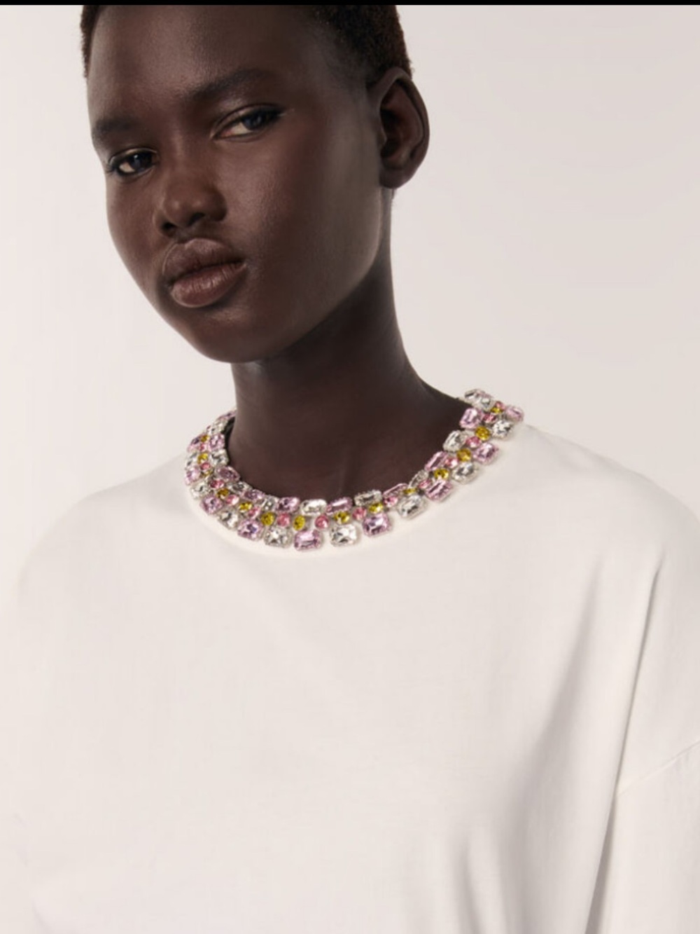 MAJE Embellished Jewel-Neck White Tee